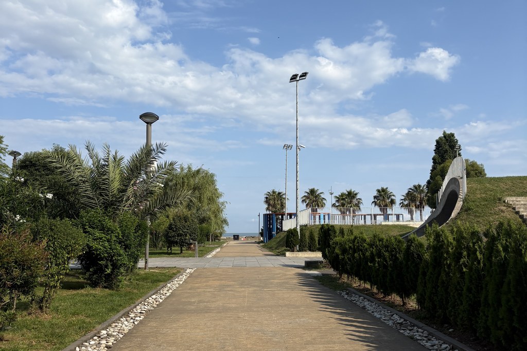 The palm-lined promenade of Batumi Boulevard leading down toward the Black Sea